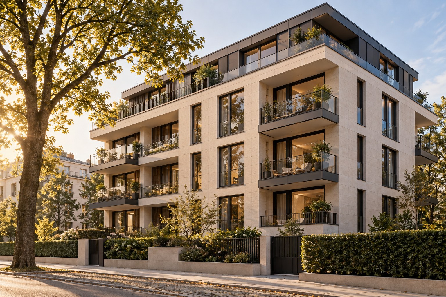 Modernes Wohngebäude mit Balkonen im warmen Abendlicht