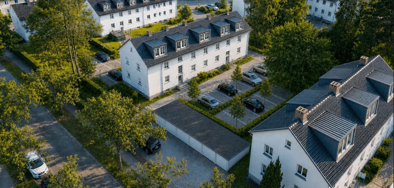 Luftaufnahme des Wohnkonzepts Bayern mit Wohnhäusern und Garagen